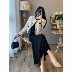 New Black Dress with White Coat Two-Piece Set