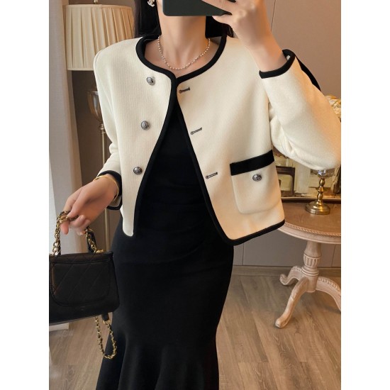 New Black Dress with White Coat Two-Piece Set