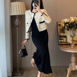 New Black Dress with White Coat Two-Piece Set